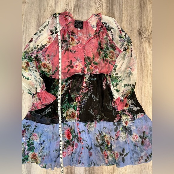 Johnny Was Jade Silk Floral Blouse Peasant Boho Button Tie Front Tunic‎ Top /M - Picture 7 of 9